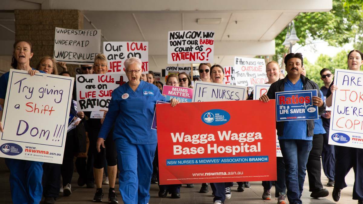 Wagga Nurses and Midwives on strike for better staff to patient ratios last year. File picture by Madeline Begley