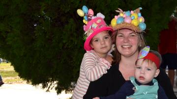 Sarah Abood with her daughter Matilda, four, and son Harry, one, in their Easter hats for 2024. Picture by Taylor Dodge