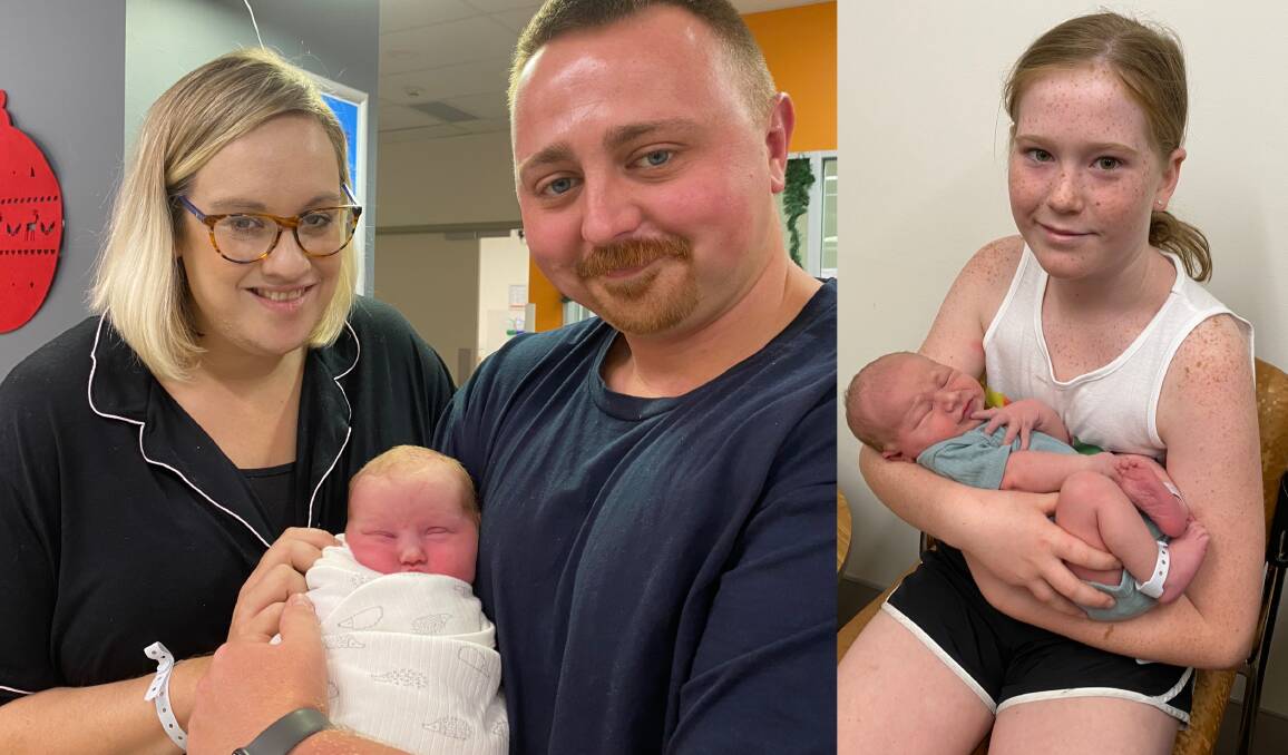 BIG SUPRISE: First time parents Hannah and Troy Blackman, left, with daughter Thea. Big sister Madison Fitzgerald, right, with Arlo Winnell. 