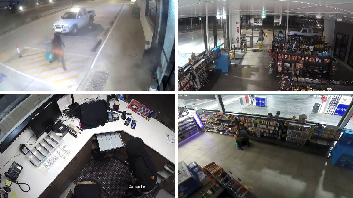 Security footage shows the thieves breaking a window, entering the store, grabbing phone cables, chargers and other hardware before making their escape in under two minutes. Pictures supplied