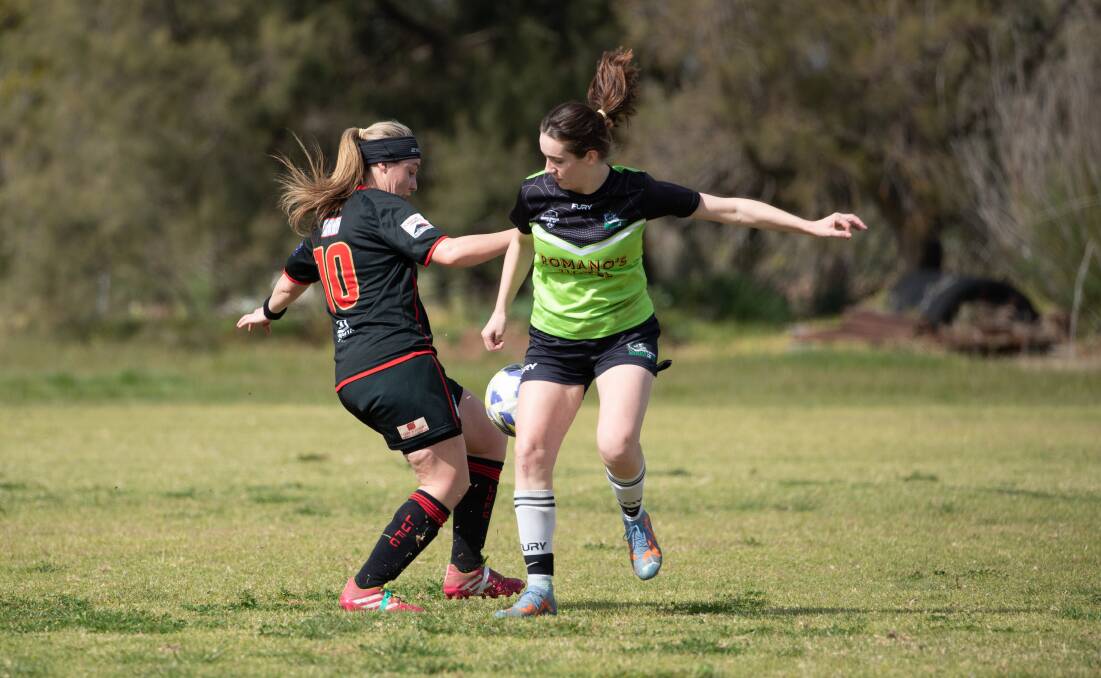 South Wagga's Caitlin Willcox contests the ball in a match against Leeton United at MIA Sports Field on August 27. Picture by Madeline Begley. 