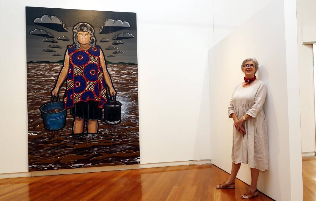 Gallery director Lee-Anne Hall with Archibald Prize 2022-winning work 'Moby Dickens', which will hang in Wagga from February 11. Picture by Les Smith 