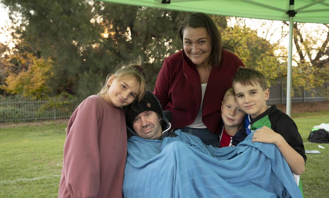 One of Wagga's biggest online fundraising campaigns in the last year was for Alex McDonald, pictured here in May with wife Natasha Coetzee, daughter Mimmy, son Theo (right) and nephew Oliver Skipworth. Picture by Madeline Begley