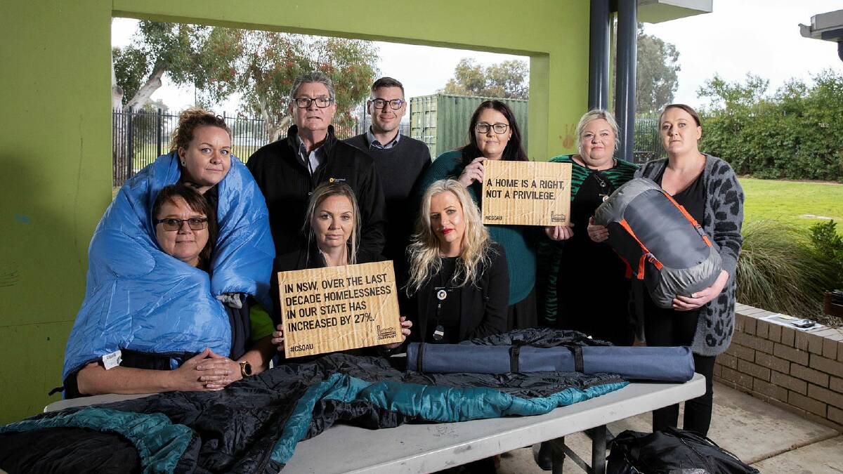 Fiona Anning, Jess Pawson, Paul Habel, Sam Baker, Alex Stubbs, Melissa Platt, Samijo Fischer, Kira Boswell and Ash Machell are sleeping rough for homelessness at the Tolland Community Centre. Picture by Madeline Begley