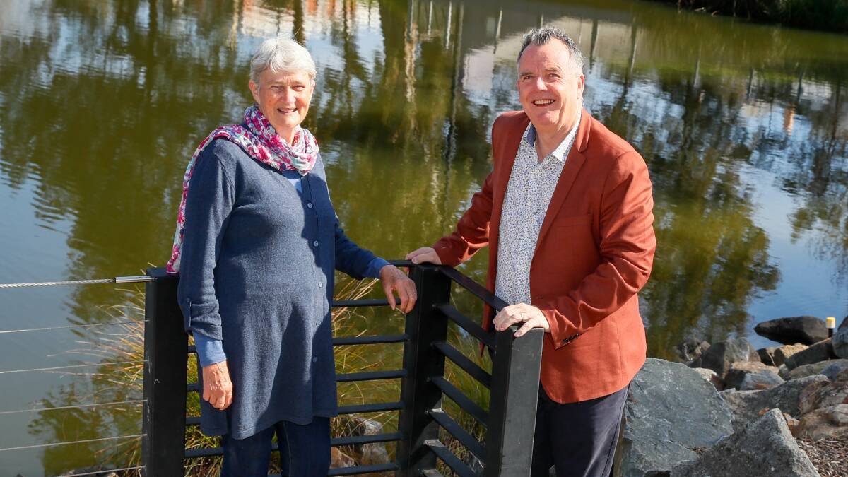NSW Environmental Citizen of the Year, Erin Earth's founder Carmel Wallis, with Wagga mayor Dallas Tout at the Wollundry Lagoon as nominations for the 2024 Australian Day awards are announced on Friday. Picture by Les Smith