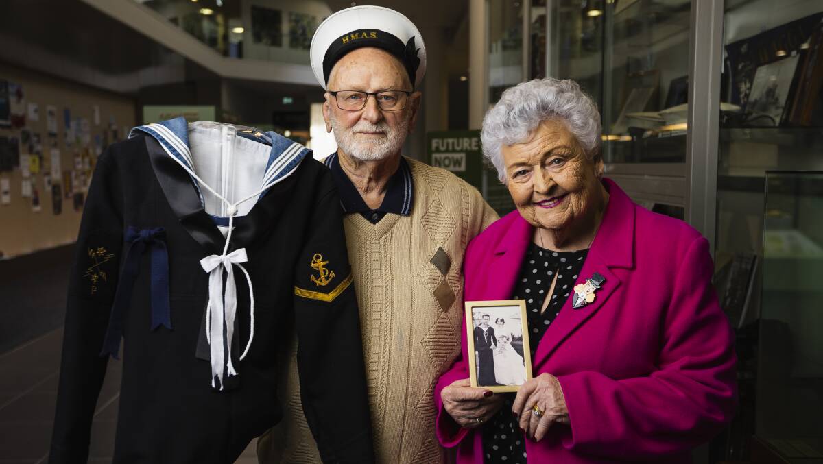 Frank and Wilma Boyd were in town at the HMAS Wagga exhibit in the Civic Centre where the uniform he served in, and was married in, is on display. Photo by Ash Smith