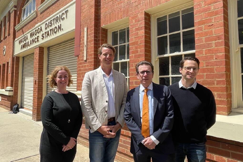 Wagga Business Chamber's Sally Manning, Councillor Dan Hayes, Wagga MP Joe McGirr and Eastern Riverina Arts' Tim Kurylowicz welcome the government's decision to refund the $610,000 Wagga council had to pay for the city's former ambulance station. Picture by Andrew Mangelsdorf