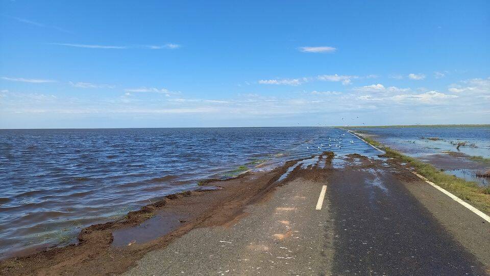 The Cobb Highway submerged during the recent flood event. Picture courtesy Central Darling Shire Council