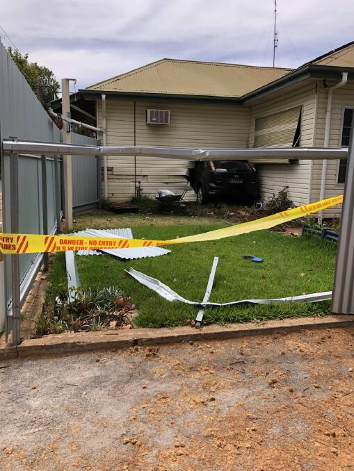 A car has brought a trail of carnage into Bobbie Hill's Narrandera business, narrowly missing her bedroom while she slept. Picture by Bobbie Hill