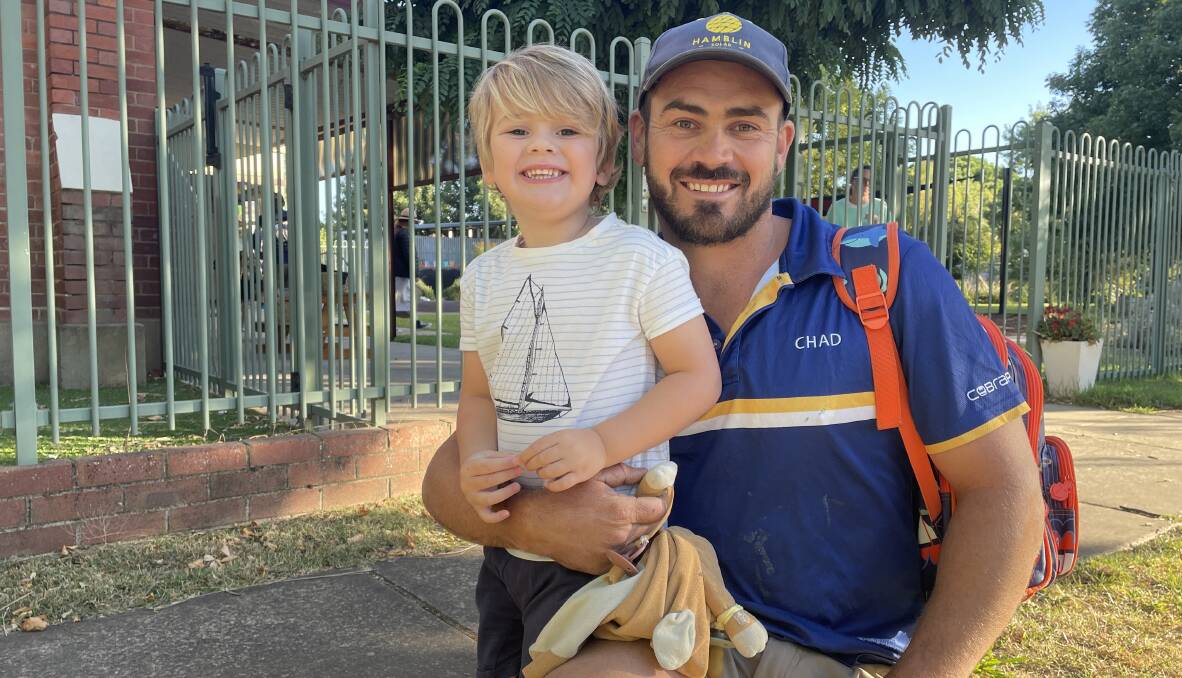 Chad Hamblin with son Raffy at Saint Marys Rainbow Preschool in North Wagga on Friday morning. Picture by Andrew Mangelsdorf
