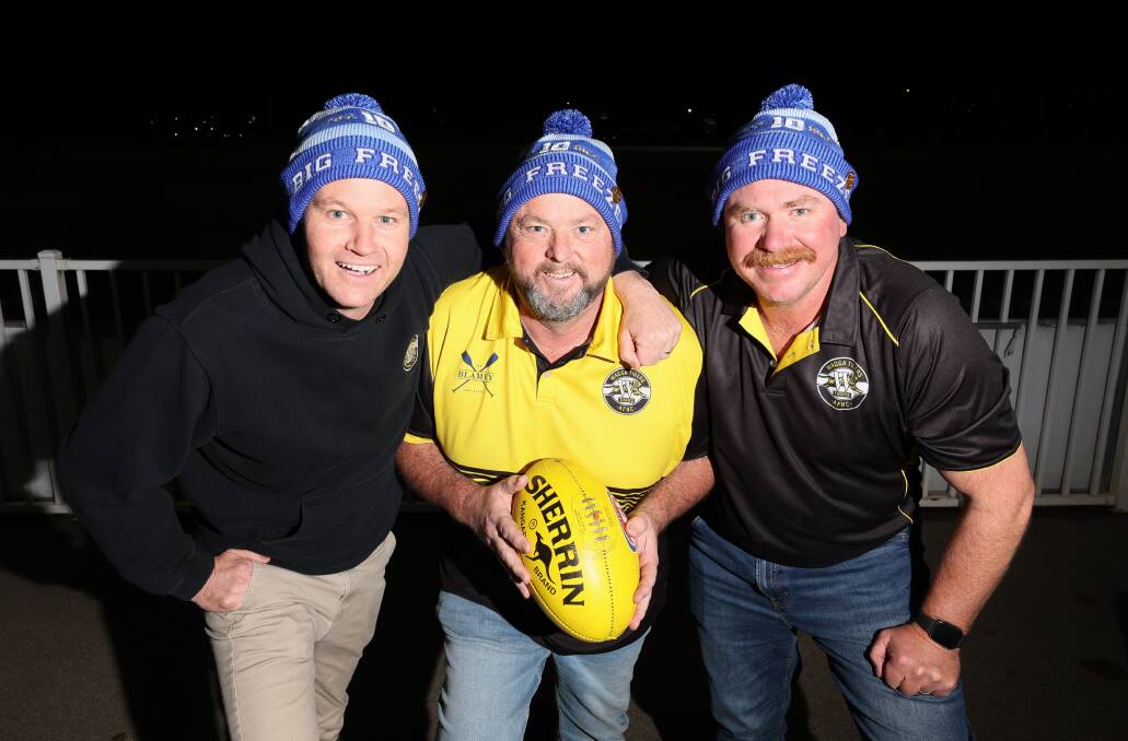 Organiser Tim Butterfield, Wagga Tigers president Chris Flanigan and first confirmed slider Hamish Wheatley ahead of the DIY Big Freeze event on June 22. Picture by Les Smith
