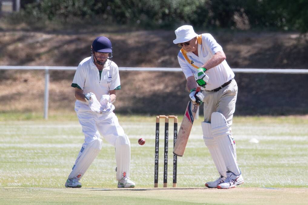 Bob Connors looks to get a shot away during the exhibition Veterans Cricket game between Wagga and the ACT at McPherson Oval. Picture by Madeline Begley