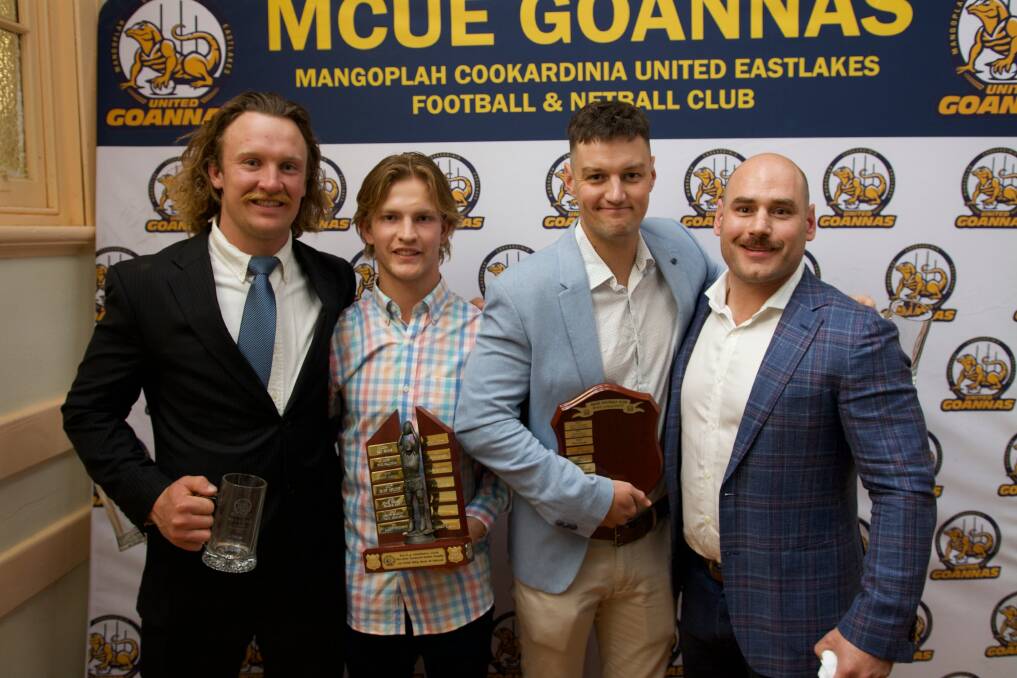 Max Hanrahan, Jono Male, Nick Collins with co-coach Jeremy Rowe. Picture by MCUE Goannas/James Scott