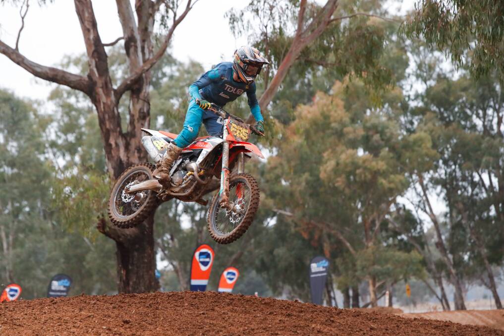 Wagga's Cameron Shaw gets some airtime during the NSW Motocross State Titles at Yarragundry Park over the weekend. Picture by Tom Dennis