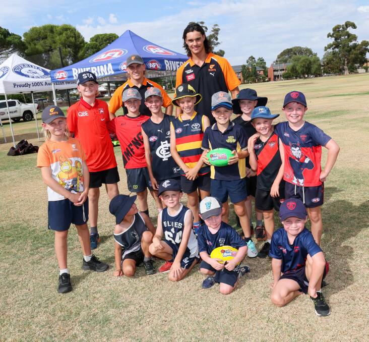 GWS players Harry Rowston and Nick Madden were in Wagga on Thursday for an AFL Riverina clinic. Picture by Les Smith