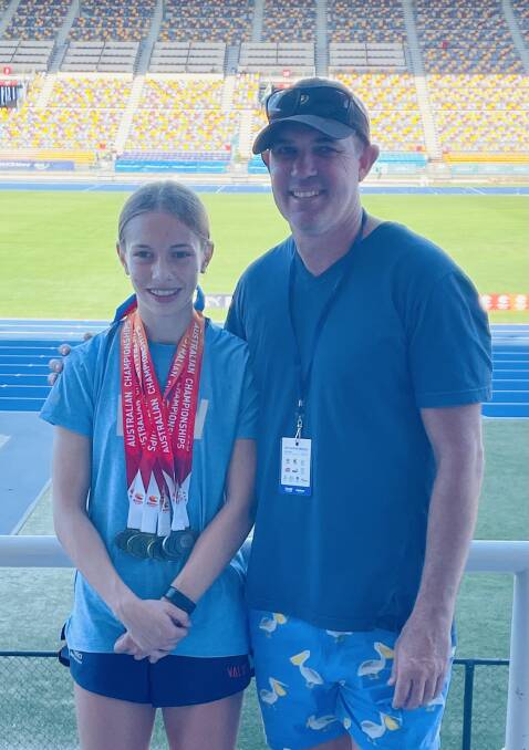 Temora's Grace Krause and coach Greg Wiencke following her efforts at the Australian Junior Athletics Championships over the weekend. Picture supplied