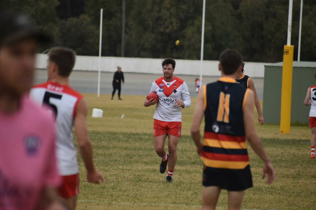 Griffith forward Henry Delves kicked four goals as the Swans defeated Leeton-Whitton by 87 points. Picture by Liam Warren