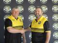 New Wagga Tigers coach Adrian Pavese is welcomed to the club and Robertson Oval by president Chris Flanigan. Picture from Wagga Tigers