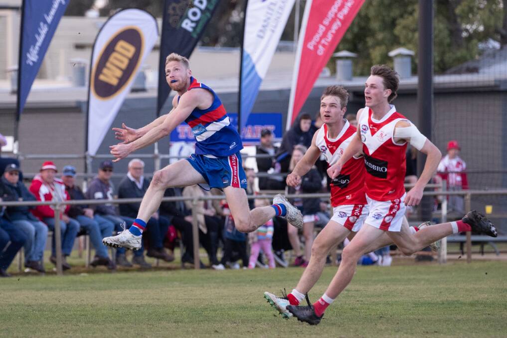 Turvey Park's Lachlan McRae gets a kick away during the Bulldogs' win against Collingullie-Glenfield Park at Maher Oval. Picture by Madeline Begley