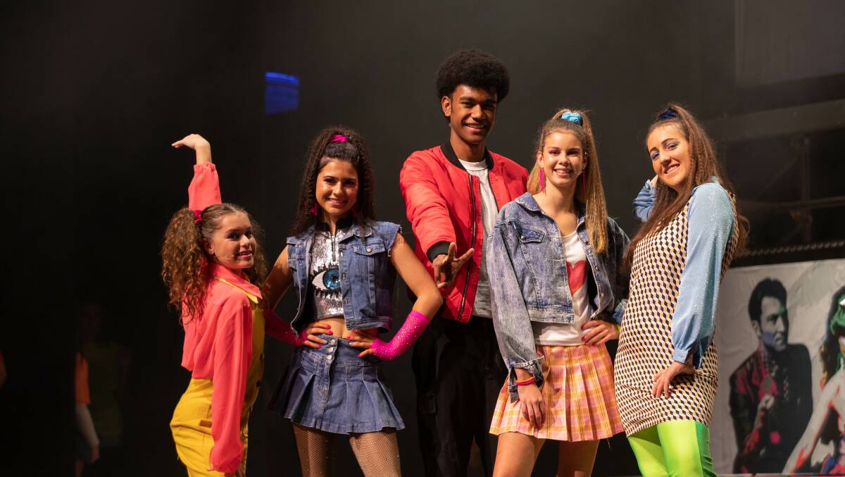 Kildare Catholic College students Charlotte Garrod, year 10, Piper Bentley, year 11, Tyrone Vatubuli, year 12, Poppy Gray, year 11, and Abbey Anderson, year 12, during a rehearsal at Wagga Civic Theatre. Picture by Madeline Begley