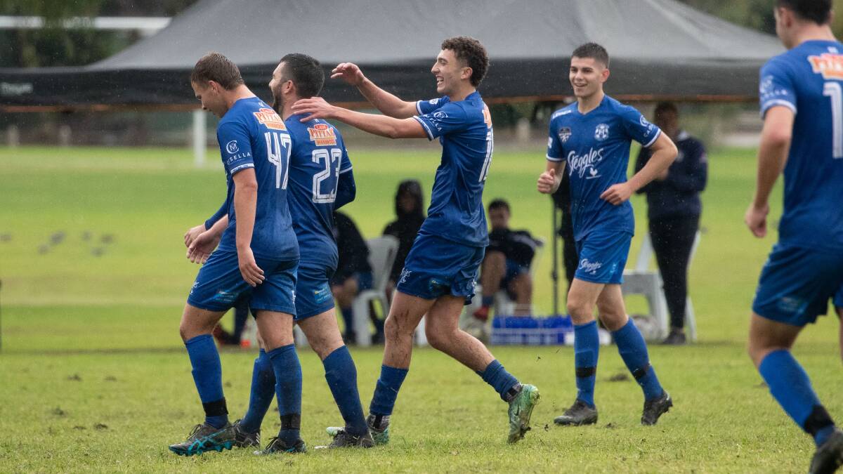 Hanwood celebrate a goal during an earlier round game, coach Jason Betracco hopes to work on ball movement in the coming weeks. Picture by Madeline Begley