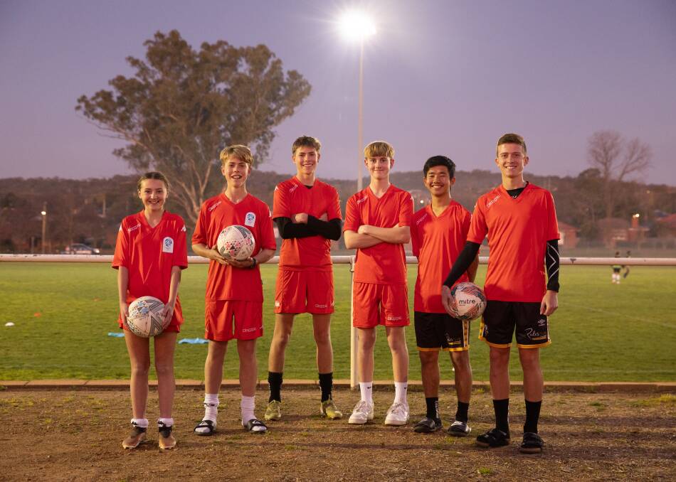 Local soccer players Mikayla Blake, 14, Vaughn Jenkins, 14, Finn Jenkins, 16, Jireh Sutton, 15, Dipkar Rai, 16, and Kade Lyons, 15 have been selected in Football NSW's NSW Country teams for the Youth National Championships in Sydney in October. Picture by Madeline Begley