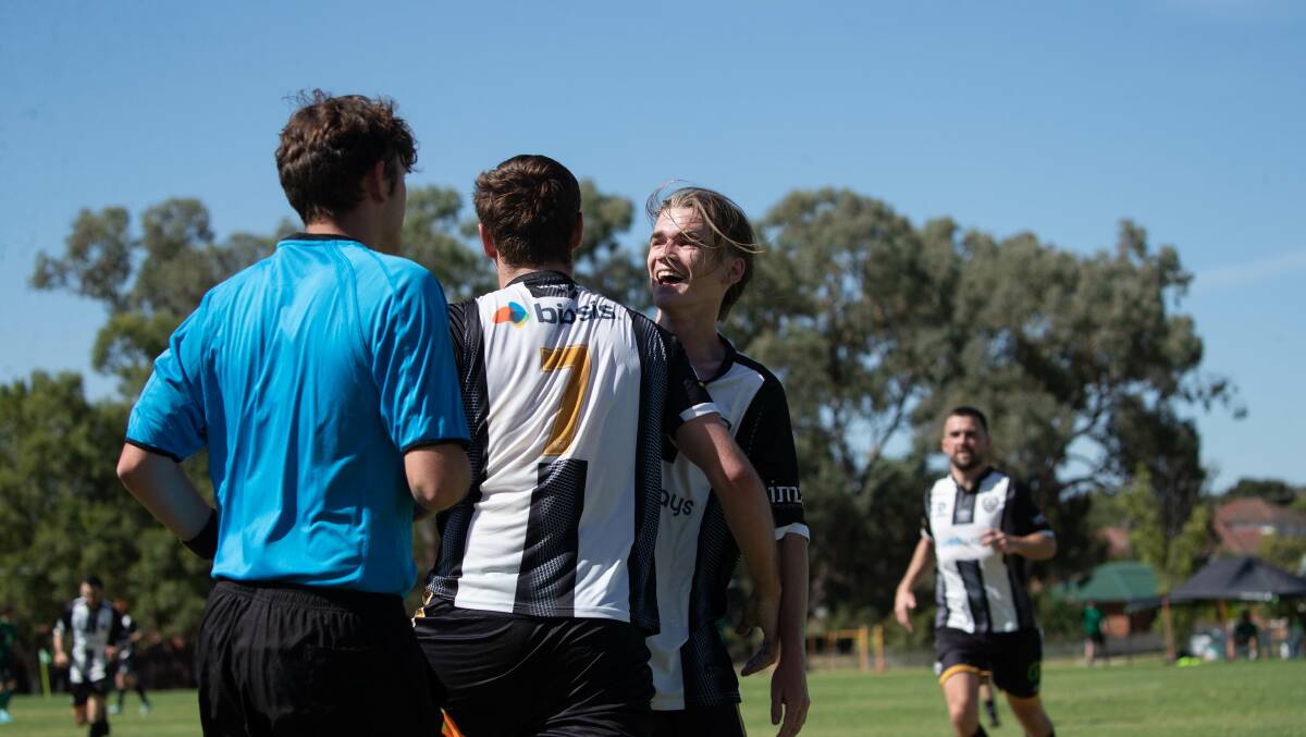 Maxwell Prest celebrates Jake Ploenges' goal during the Wanderers Australia Cup game in March. Picture by Madeline Begley