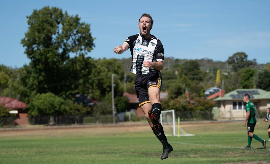 Jake Ploenges scored an impressive three goals for the Wagga City Wanderers during their 8-1 win over White Eagles. Picture by Madeline Begley