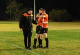 Wagga United's Ben Mitchell congratulated by playing coach Jayden Beattie and co-coach Travis Weir after he scored against South Wagga at Rawlings Park in round nine. Picture by Bernard Humphreys
