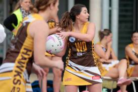East Wagga-Kooringal's Kirralee Gerhard looks down court for a passing target. Picture by Bernard Humphreys