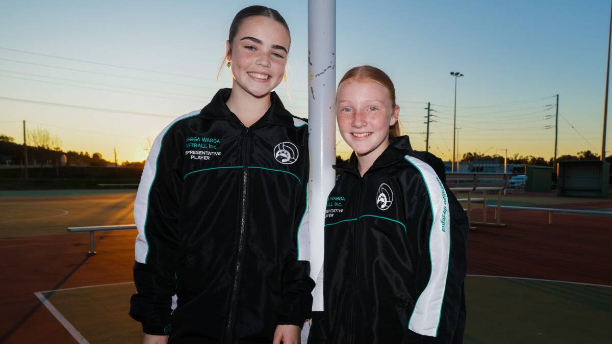 Wagga Netball Association 2024 under 12 captains Harper Hann and Vienna Knight pictured at Equex Centre. Picture by Tom Dennis