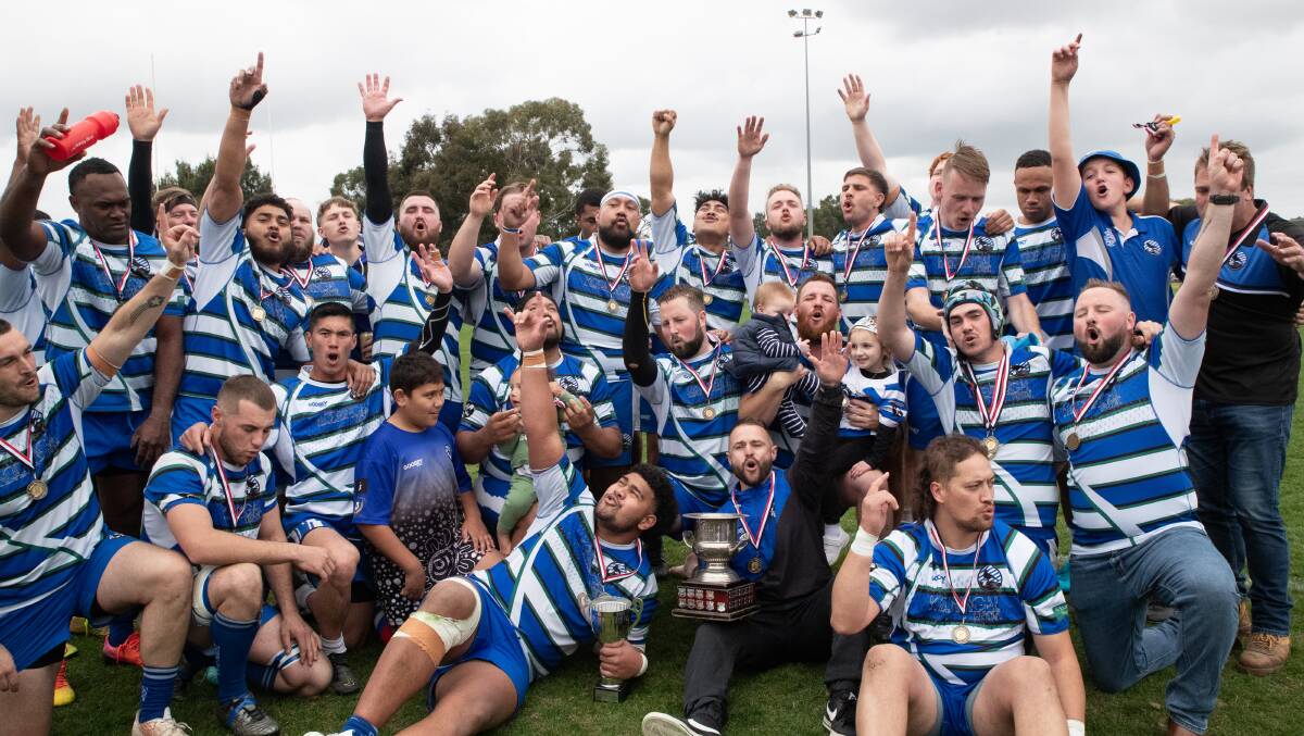 Wagga City celebrate their premiership win after defeating Tumut 29-24 in the Southern Inland Rugby Union second grade grand final on Saturday. Picture by Madeline Begley