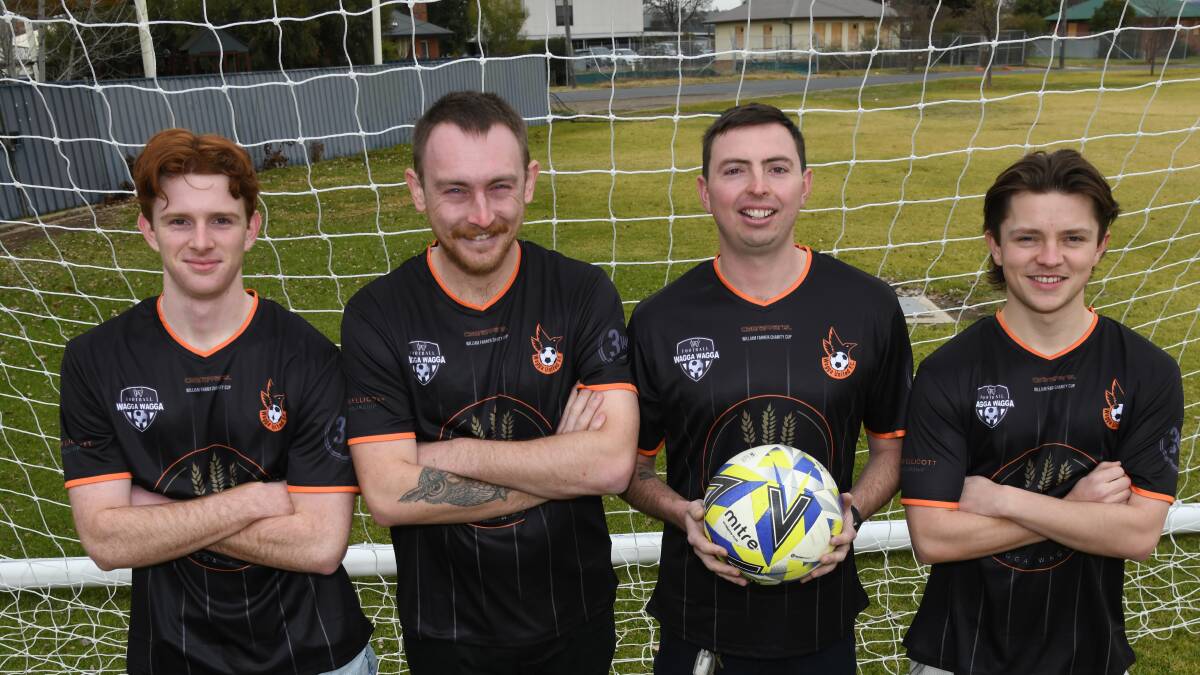 Wagga United's Jack Masson , Jayden Beattie, Aaron Reilly, and Emerson McLaren in the jerseys they will auction off after this weekend's charity game. Picture by Bernard Humphreys