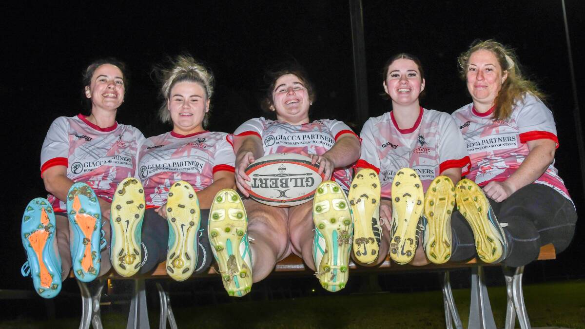 First year Reddies players Cloey Petersen, Ebony Weekes, Shallan Wright, Chloe Cheeseman and Katie Wallace at training at Beres Elwood Oval. Picture by Bernard Humphreys