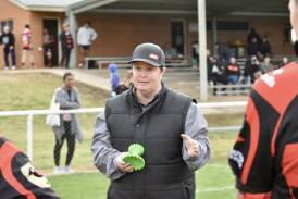 Tumut coach Kylie Jensen speaks with her team during their game against Waratahs. Picture by Tumut Bulls