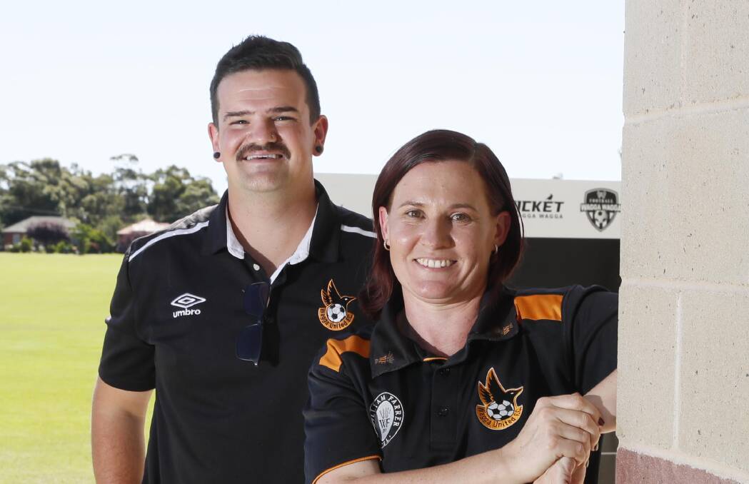James Samson and Shandi Gibbons completed their C license training over the off-season and are bringing new knowledge to Wagga United's developing women's program. Picture by Les Smith