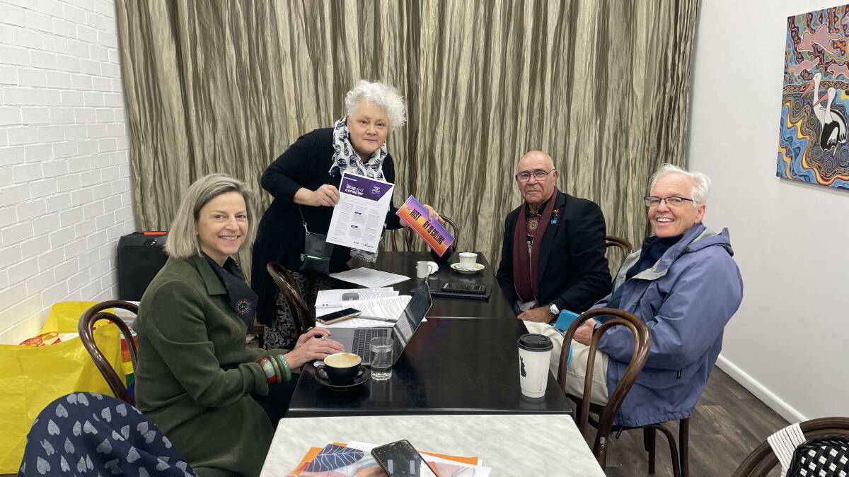 Vickie Burkinshaw, Judy-Ann Emberson, Uncle Hewitt Whyman and Ron Lawler, meet to discuss mobilising the yes vote in Wagga. Picture by Dan Holmes