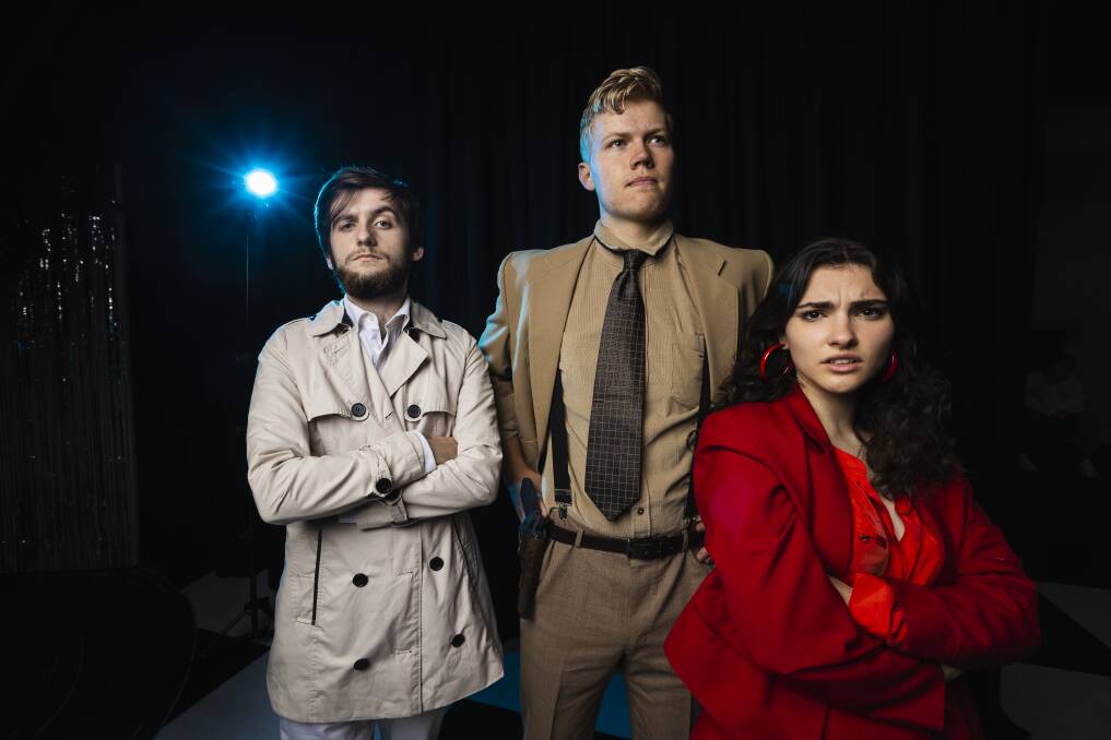 Preparing for Kooringal High School's latest musical are Adam Franks as Snow, Jayden Wordsworth as Detective Dogood and Miranda Harris as Ruby. Picture by Ash Smith