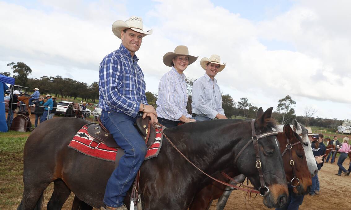 William Day, Anita Withers and Kate's husband John Day during the Cowboy Hats for Kate event in Illabo on Saturday. Picture by Les Smith