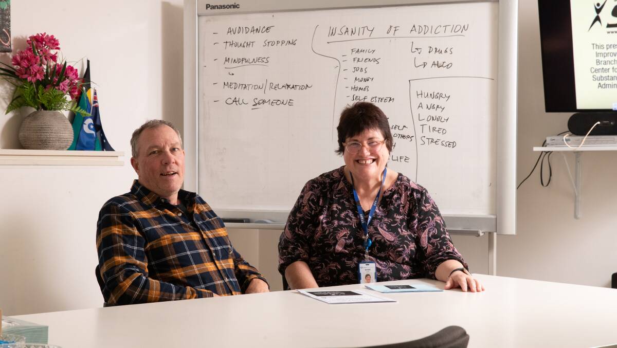 While client Nicholas Larkin nears graduation from a six-month program at Calvary Riverina Drug and Alcohol Centre, counsellor and former alcoholic Diane Kroker is glad her revitalisation of the centre's day rehab program means more people can access help. Picture by Madeline Begley