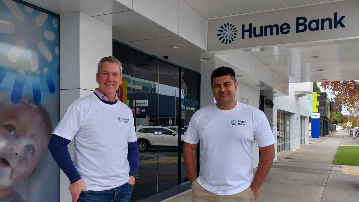 Hume Bank executives Stephen Capello and Akbar Shah at the mutual bank's Albury head office. Picture supplied