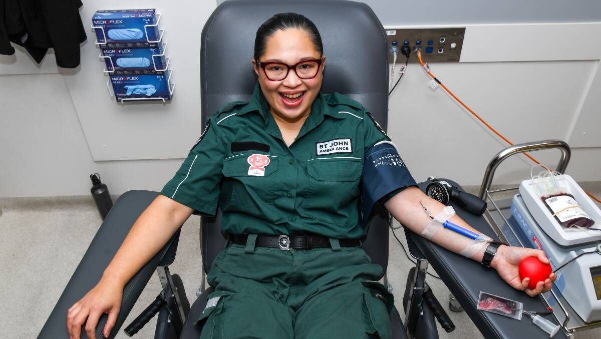 St John Ambulance volunteer Mel Encarnacion donating blood at the Lifeblood Wagga Donor Centre. Picture by Bernard Humphreys 