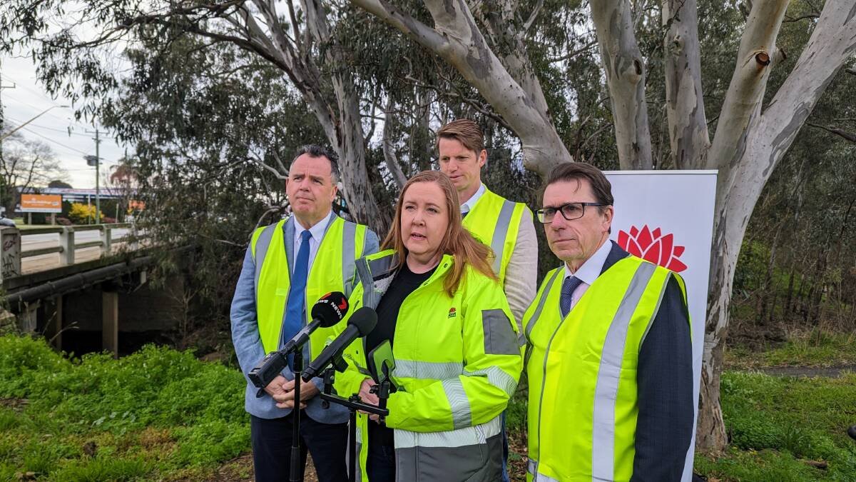 Wagga mayor Dallas Tout, Regional Transport and Roads Minister Jenny Aitchison, councillor Dan Hayes, and Wagga MP Joe McGirr at Marshalls Creek Bridge. File picture