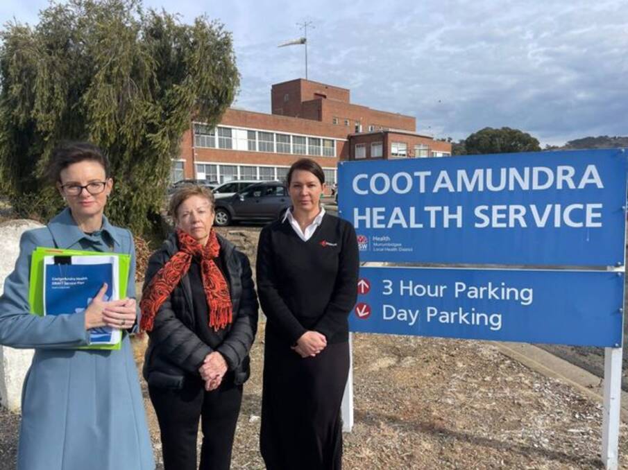 Cootamundra MP Steph Cooke, retired Cootamundra midwife Anne Lawson and Cootamundra birth trauma survivor Belinda Thompson at Cootamundra Hospital. Picture supplied