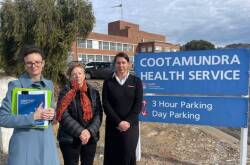 Cootamundra MP Steph Cooke, retired Cootamundra midwife Anne Lawson and Cootamundra birth trauma survivor Belinda Thompson at Cootamundra Hospital. Picture supplied