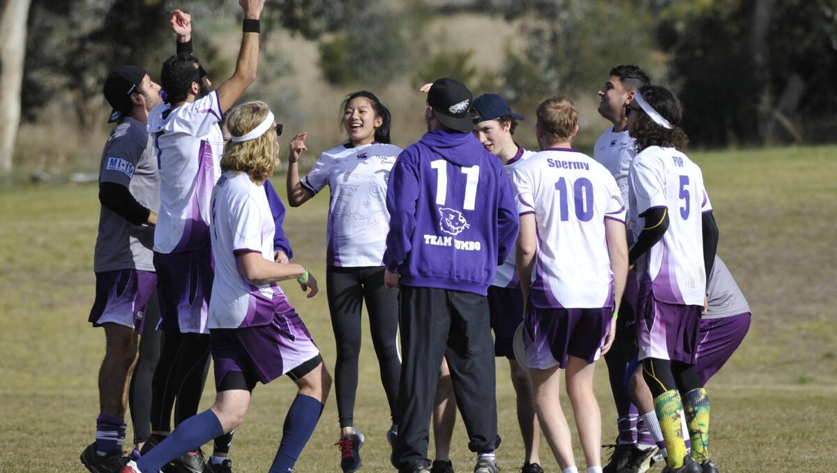 The University of Sydney Cumberland campus ultimate frisbee team bonds on day one of competition. Picture: Les Smith