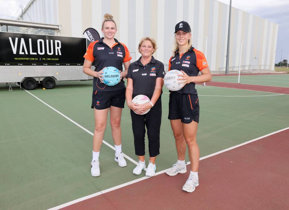 Giants captain Jo Harten, coach Julie Fitzgerald and Australian representative star Jamie-Lee Price at Wagga Netball Centre on Thursday. Picture by Les Smith