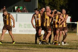East Wagga-Kooringal celebrate a Jarrod Turner goal just before three-quarter-time in the Farrer League game against Temora at Gumly Oval on Saturday. Picture by Tom Dennis