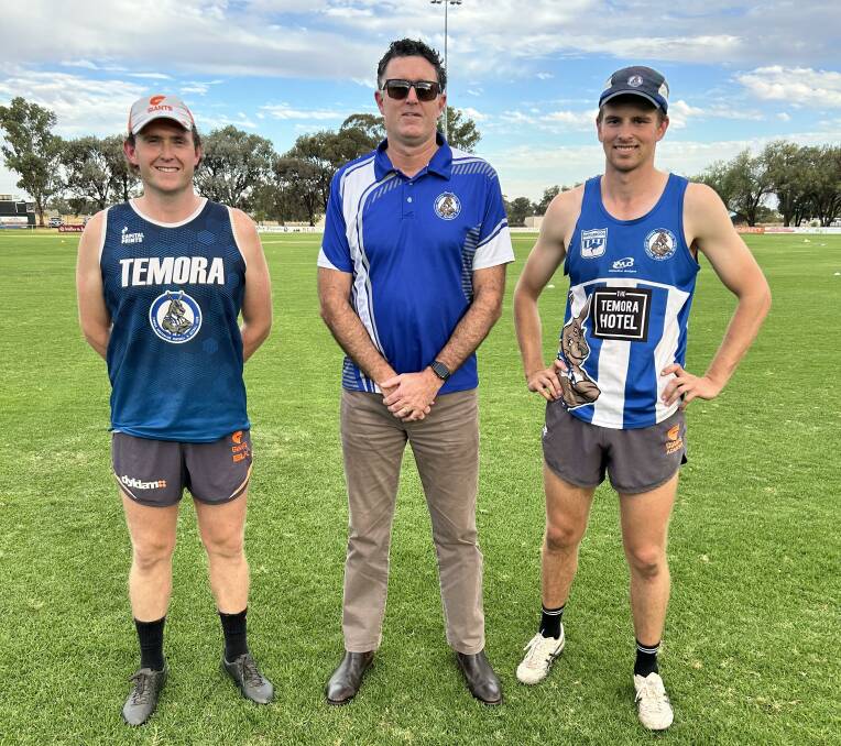 New Temora co-coaches Zac Oliver (left) and Will Reinhold (right) with club president Grant Haigh. Picture supplied