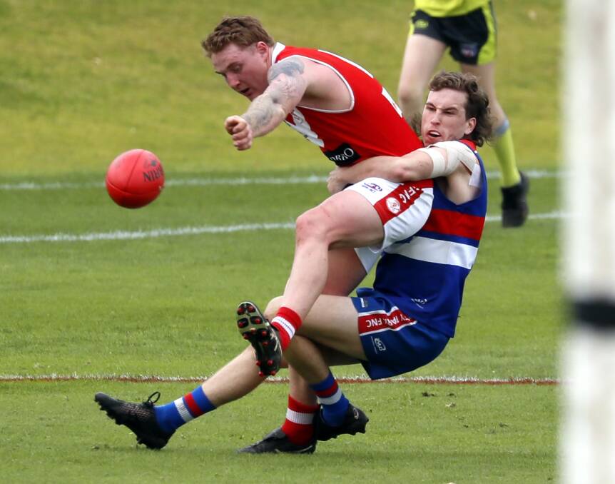 Turvey Park's Zac Randal tackles Jackson Hughes during the 2022 Riverina League reserve grade grand final. Picture by Les Smith